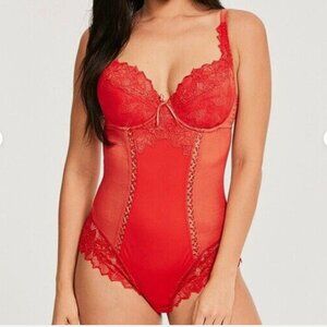 Lepel Fiore Plunge Body New NWT Sz 30 FF 30 DDDD Red Lace Bodysuit Lingerie